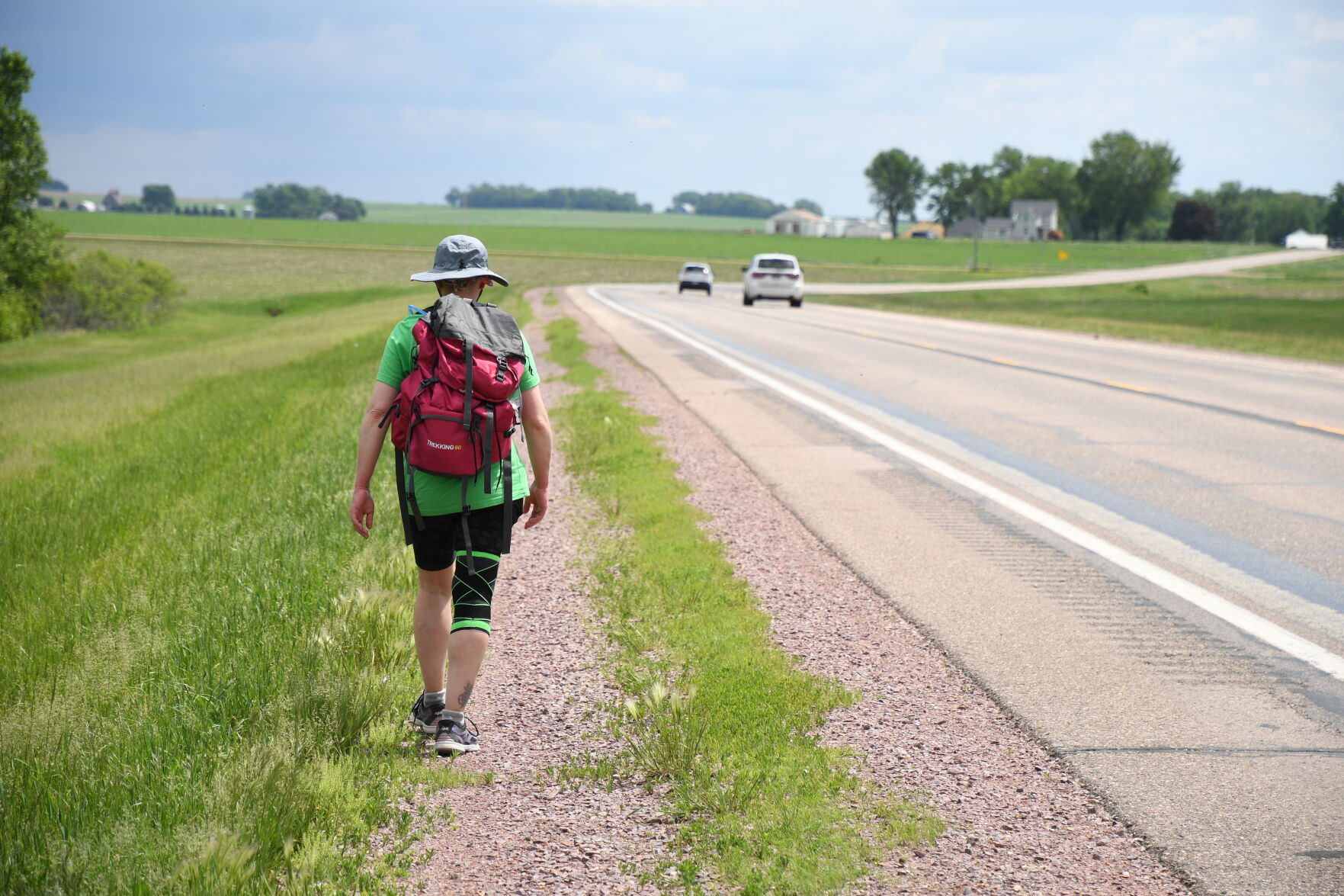 Karen Smith walking across Iowa